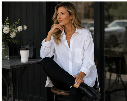 Pistola oversized white button up blouse size small new with tags styled with black leggings