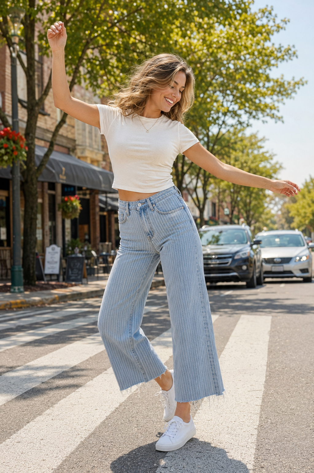 Pistola light wash striped wide leg cropped jeans in size 25 with raw frayed hem and classic front pockets.