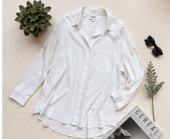 White Pistola button up shirt women’s oversized blouse with chest pocket and classic collar