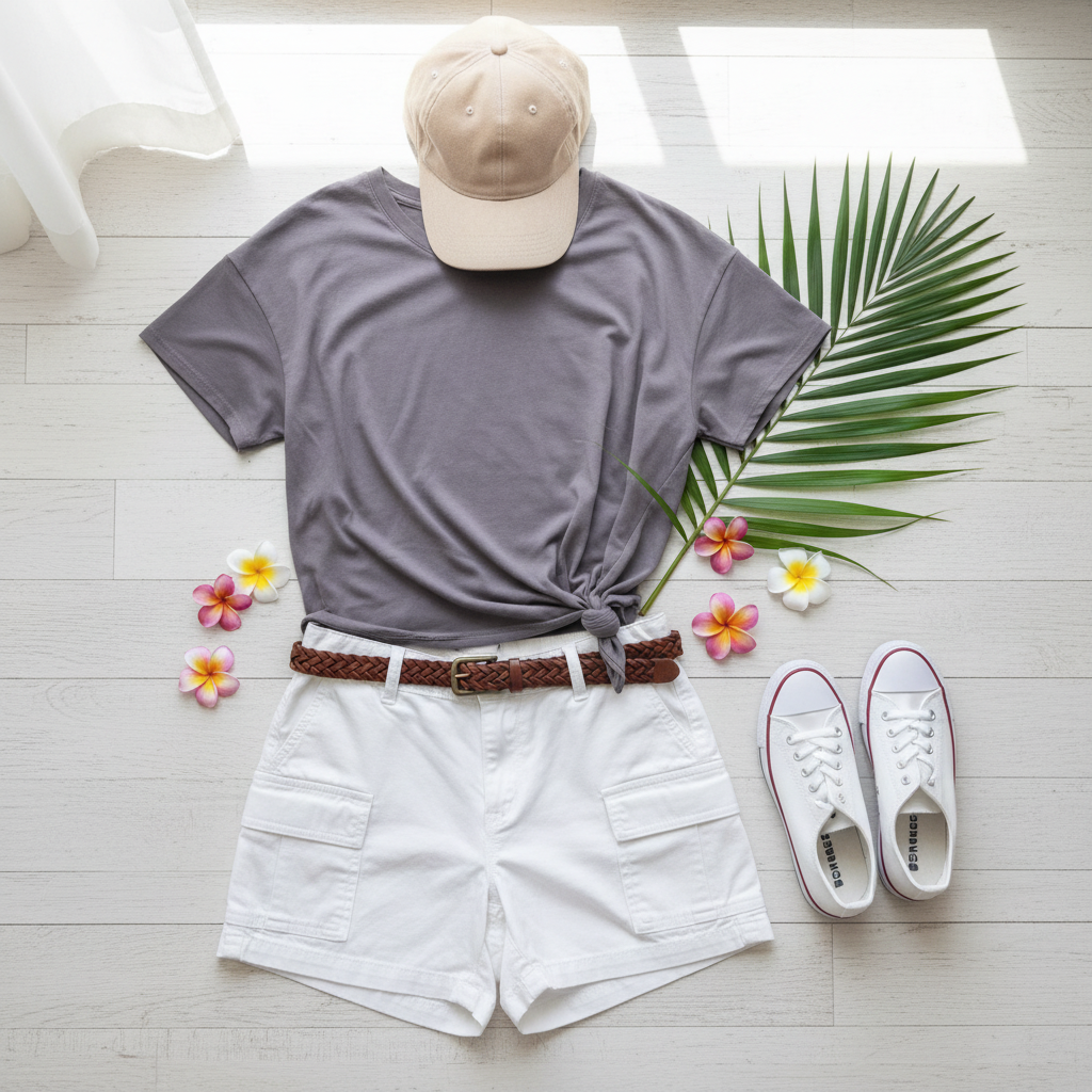 Calia - Purple/Grey Hip Tie T-Shirt - styled with white cargo shorts and tennis shoes - size small athletic wear 