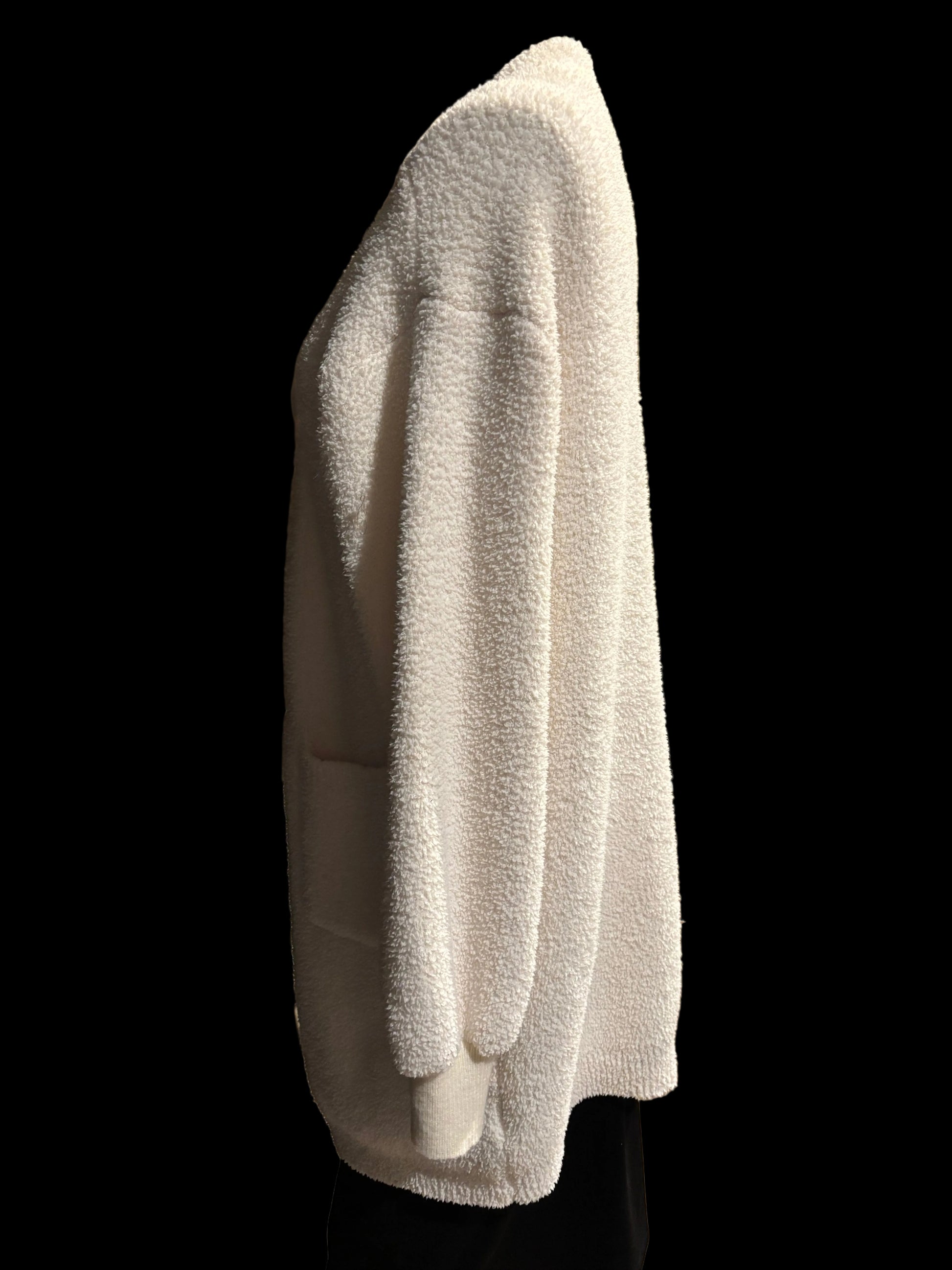 Plushie Cozy - Ivory Fuzzy Sherpa Cardigan - Size L -  Side View - long sherpa