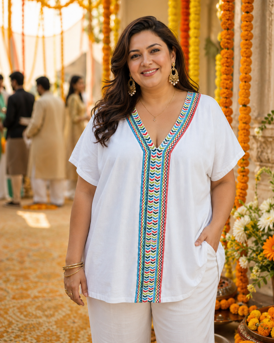 Women’s size Large white embroidered cotton top with colorful embroidery, relaxed boho feel, and beautiful everyday statement style.
