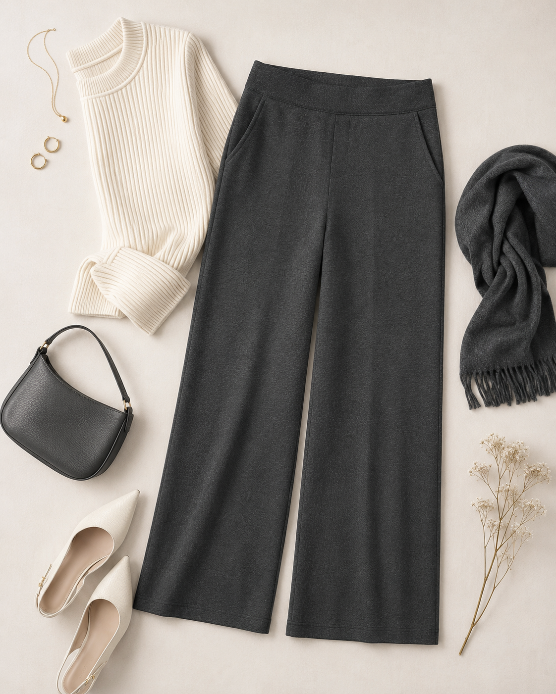Women’s SPANX dark gray wide-leg trousers crafted from structured stretch ponte fabric.
