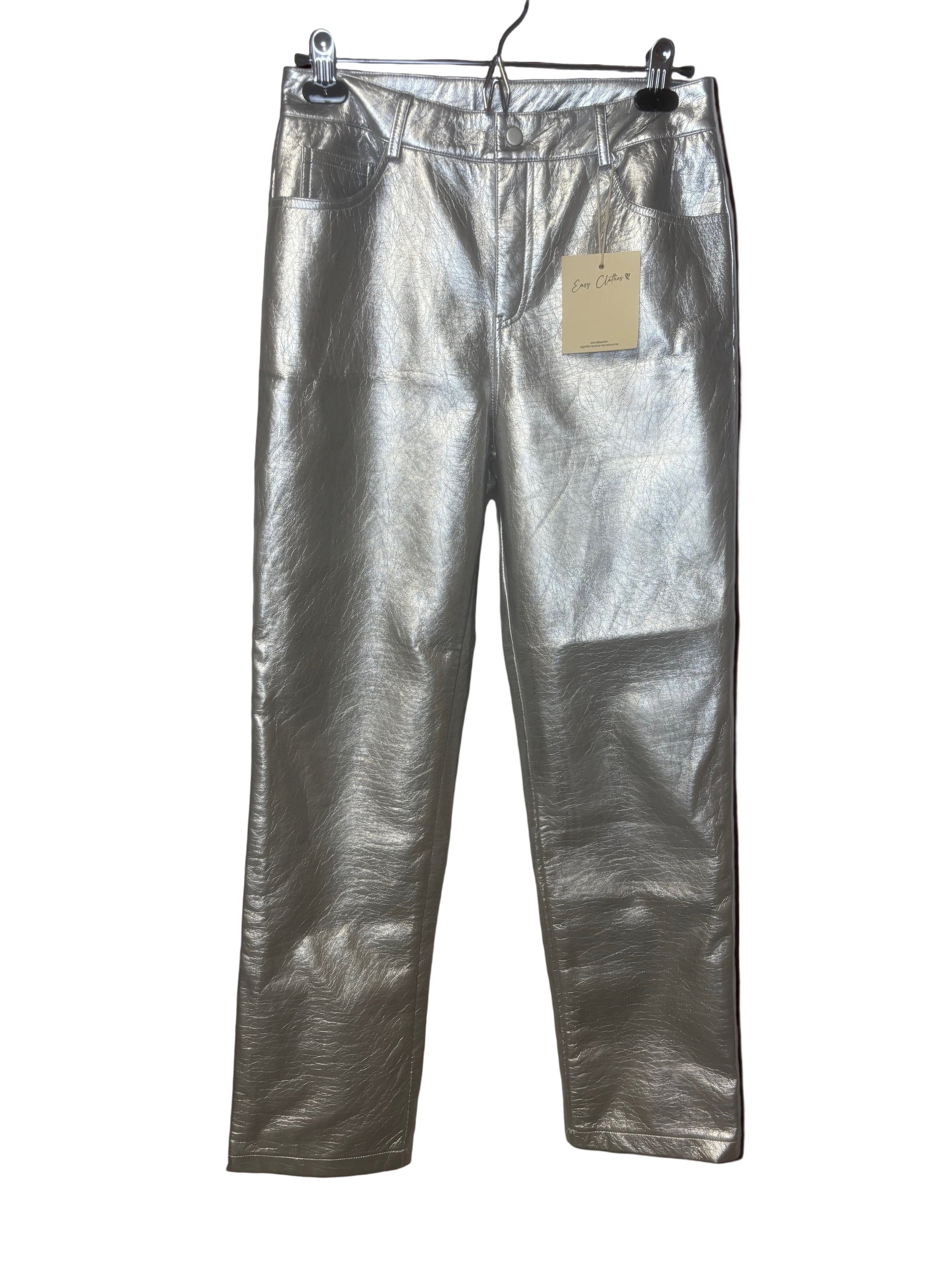 Close-up detail of silver solstice trousers showing fabric texture, color, and construction. Front New with tags