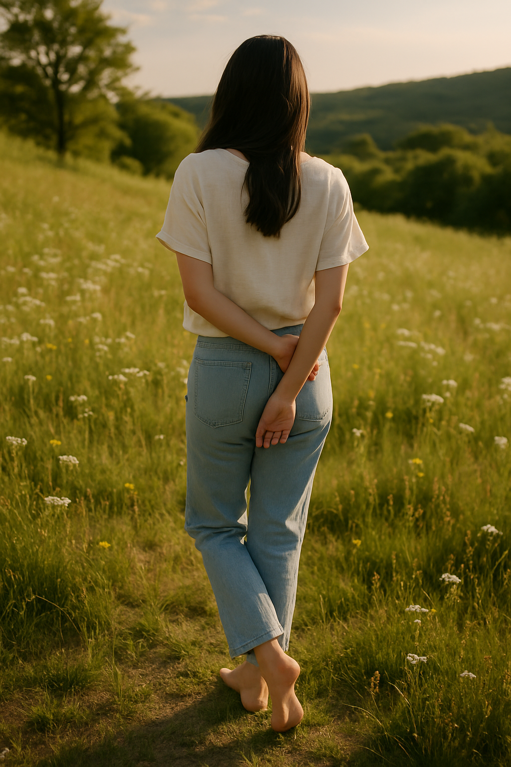  Sky blue comfort jeans styled in golden  Back view-back pockets, straight leg