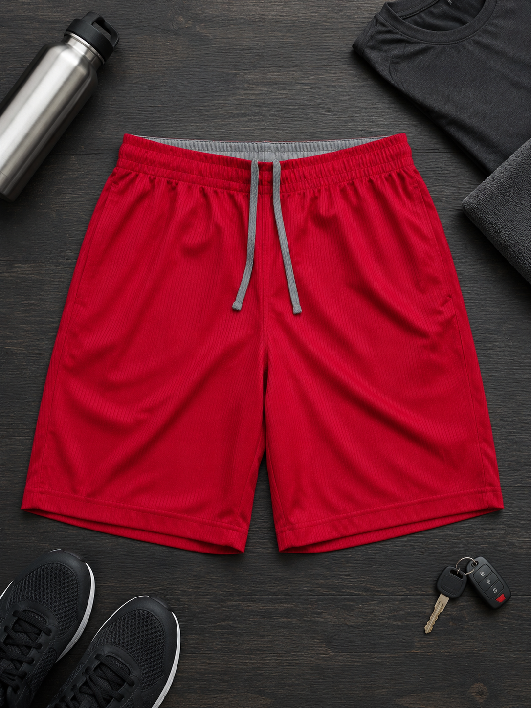 Starter men’s 2XL red polyester athletic shorts flat lay