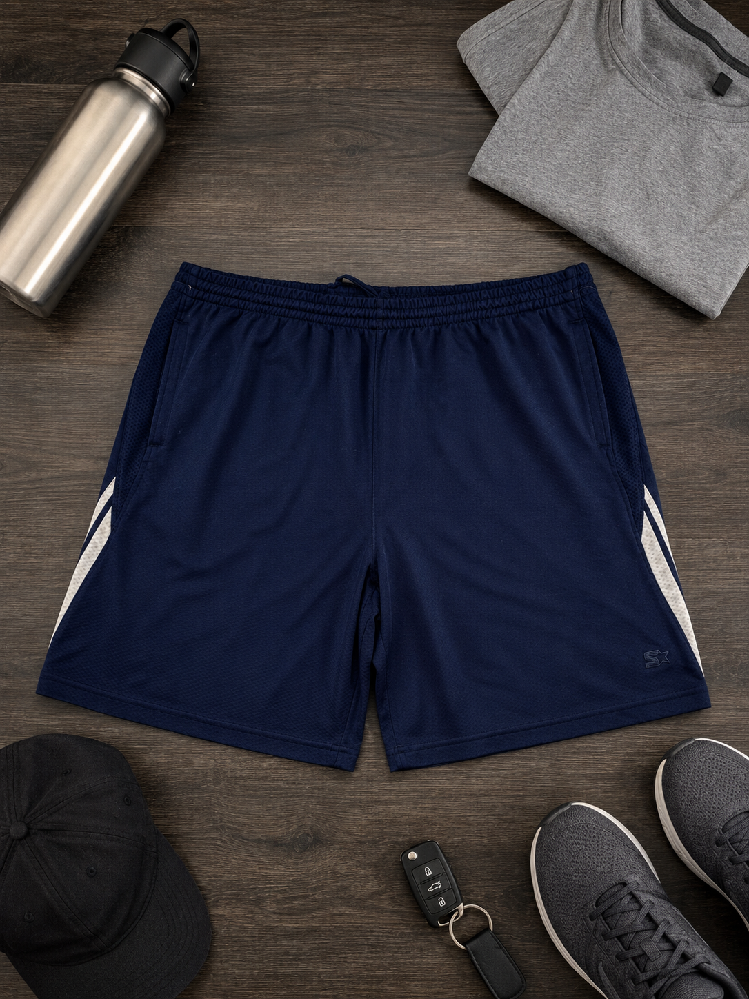 Starter men’s navy blue athletic shorts with white and gray side stripes