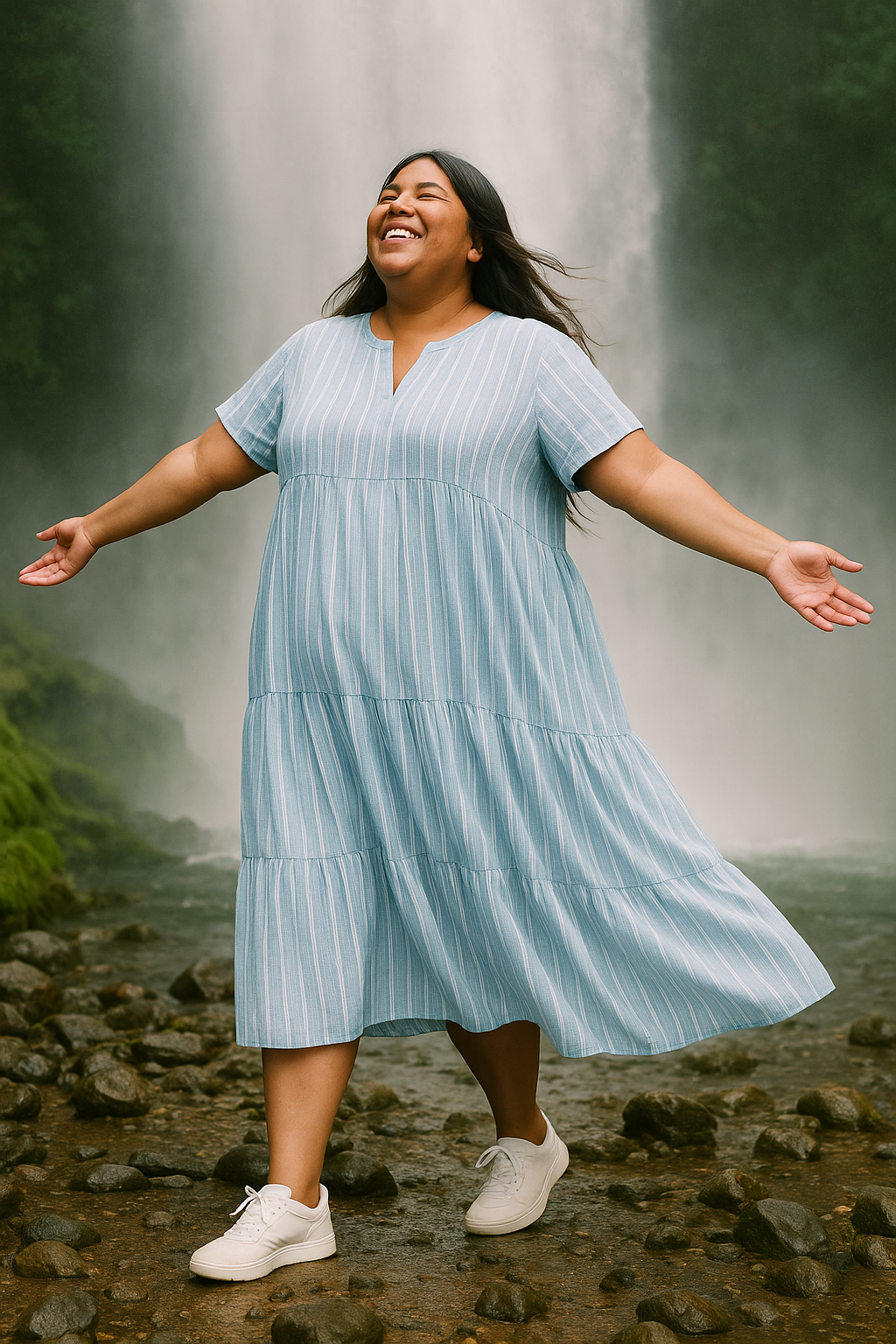 Striped maxi dress front view relaxed fit and vertical stripe design XL