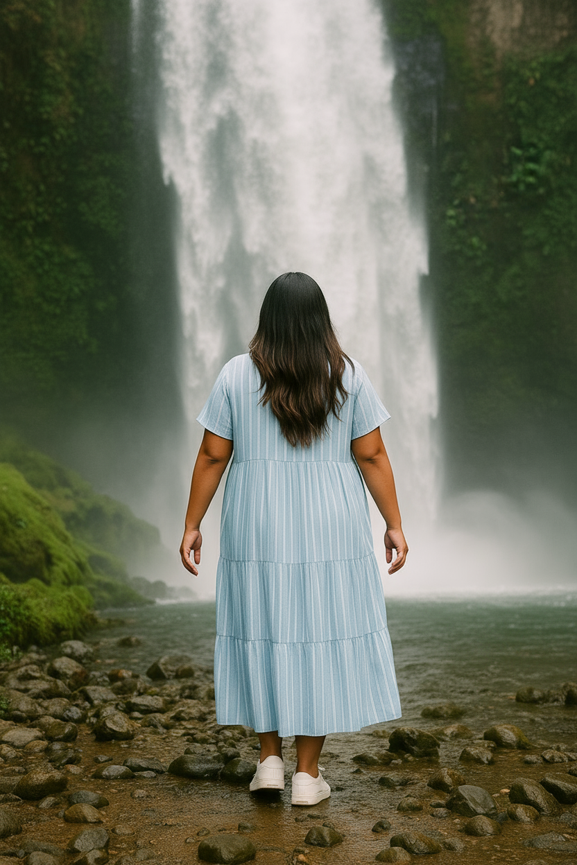 Striped Mist maxi dress back view blue and white stripe pattern and flowing silhouette