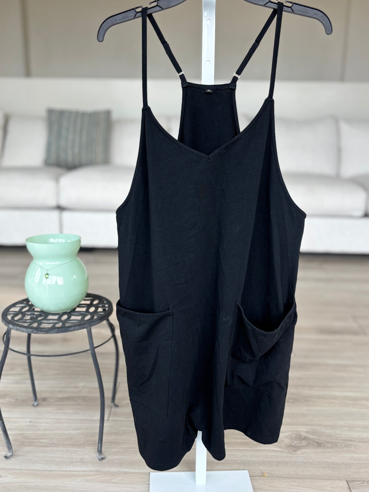 Unbranded black pocket romper size XL with sleeveless design and shorts bottom