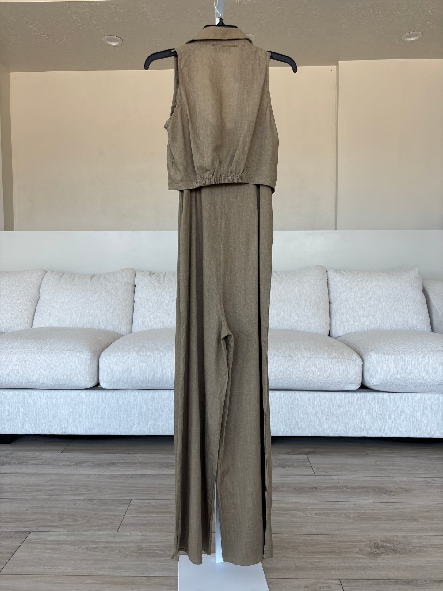 VICI khaki linen blend jumpsuit set with cropped wide legs, front tie vest, and soft summer texture.