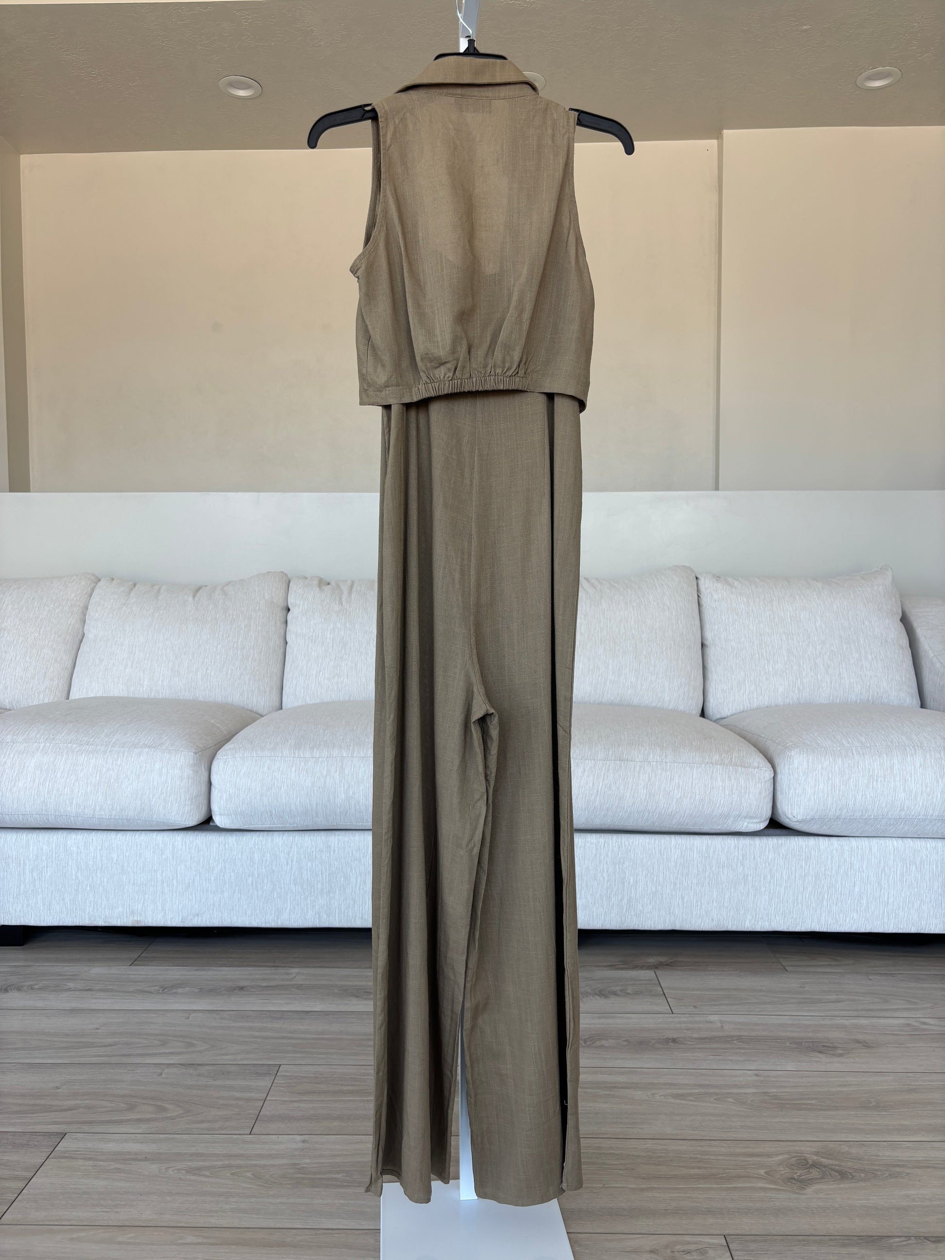 VICI khaki linen blend jumpsuit set with cropped wide legs, front tie vest, and soft summer texture.