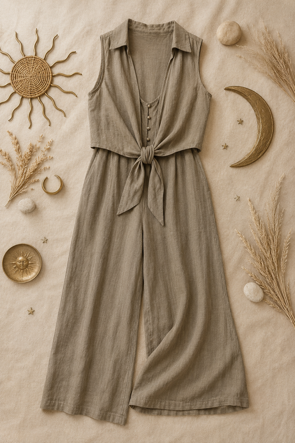 Black woman wearing VICI taupe linen blend jumpsuit and tie vest set at a garden party with white sneakers.