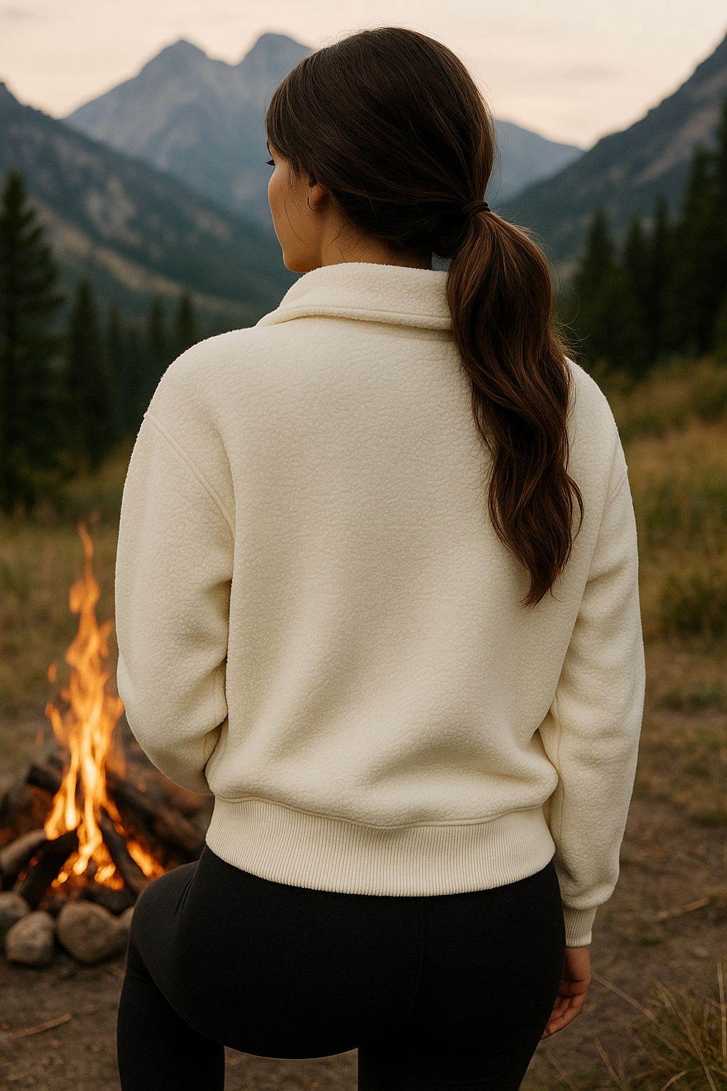 Varley Roselle Cozy Couture half zip Sherpa detail showing comfortable fit and quality construction