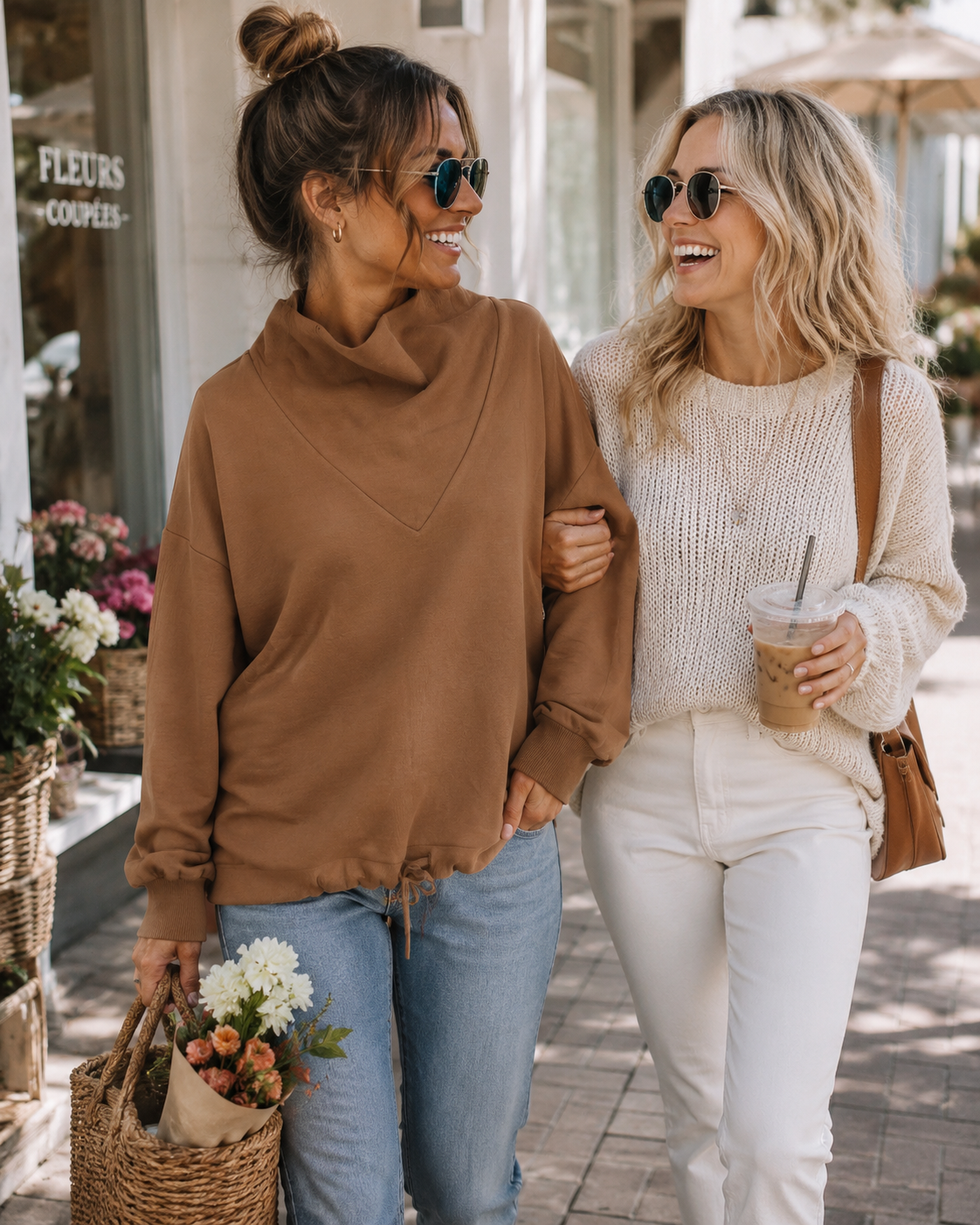 Varley Betsy camel cowl-neck sweatshirt featuring a relaxed oversized fit, long sleeves, and softly gathered bubble hem