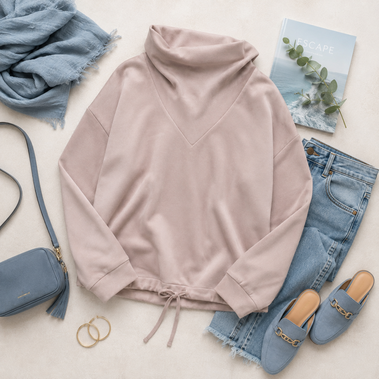 Varley Betsy taupe cowl-neck sweatshirt featuring a relaxed oversized fit, long sleeves, and softly gathered bubble hem