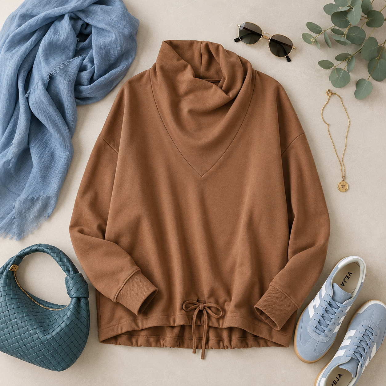 Varley camel brown DoubleSoft top with a sculptural cowl neckline, V-shaped panel, and adjustable cinch hem.