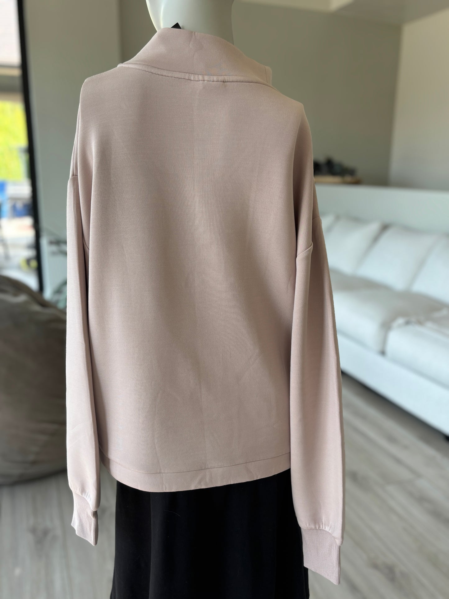 Varley oversized taupe pullover crafted from smooth DoubleSoft fabric with dropped shoulders and ribbed cuffs.