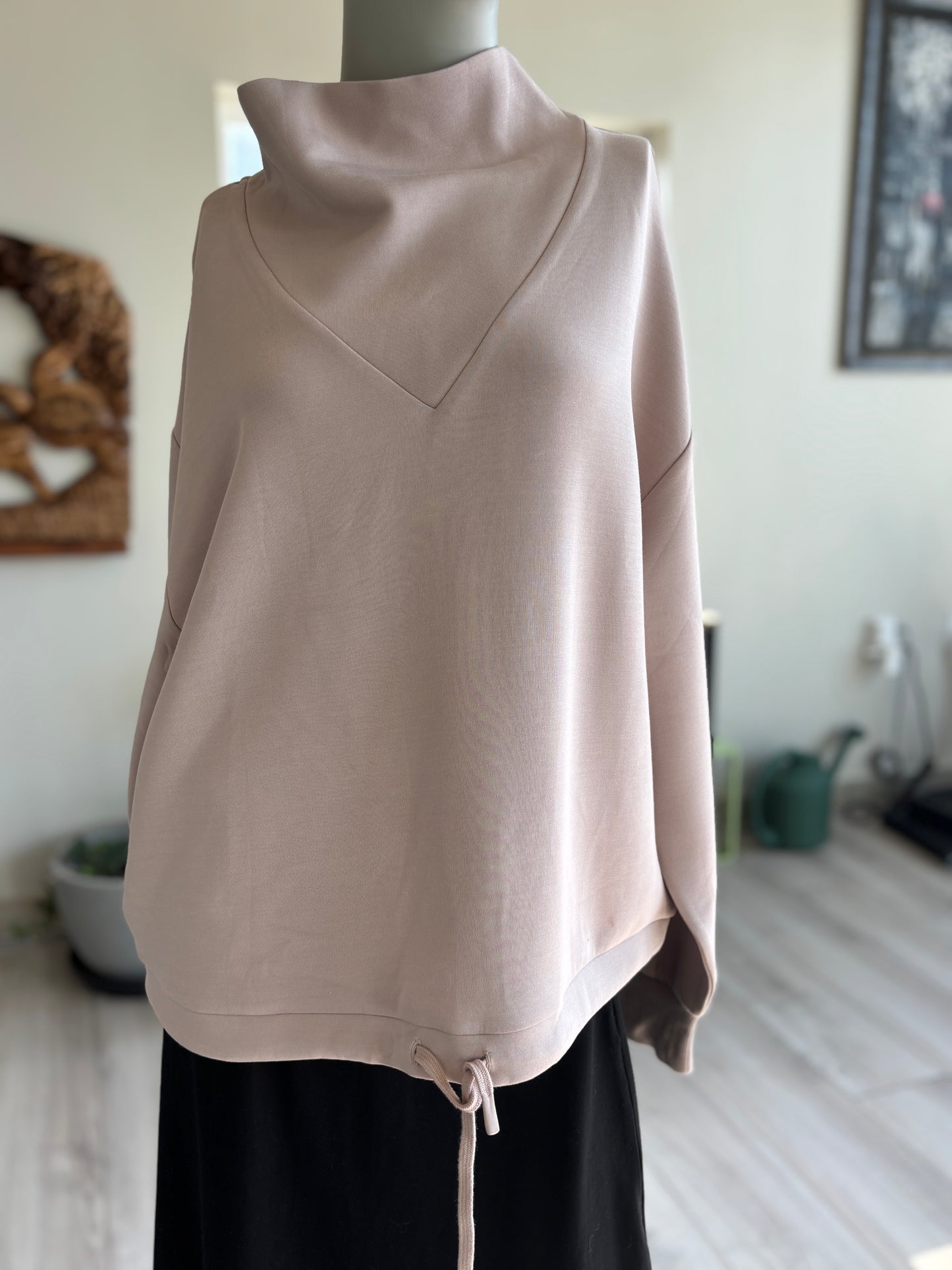 Varley dusty rose taupe DoubleSoft top with a sculptural cowl neckline, V-shaped panel, and adjustable cinch hem.