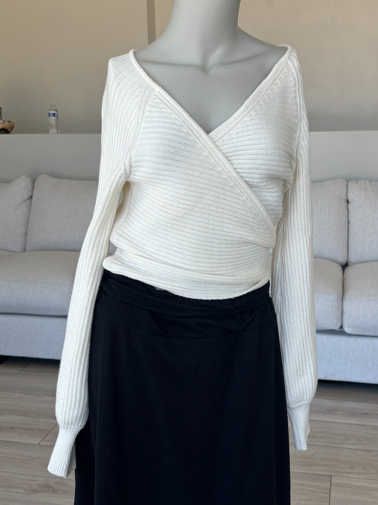 Vici cropped wrap sweater with vertical texture and feminine tie waist