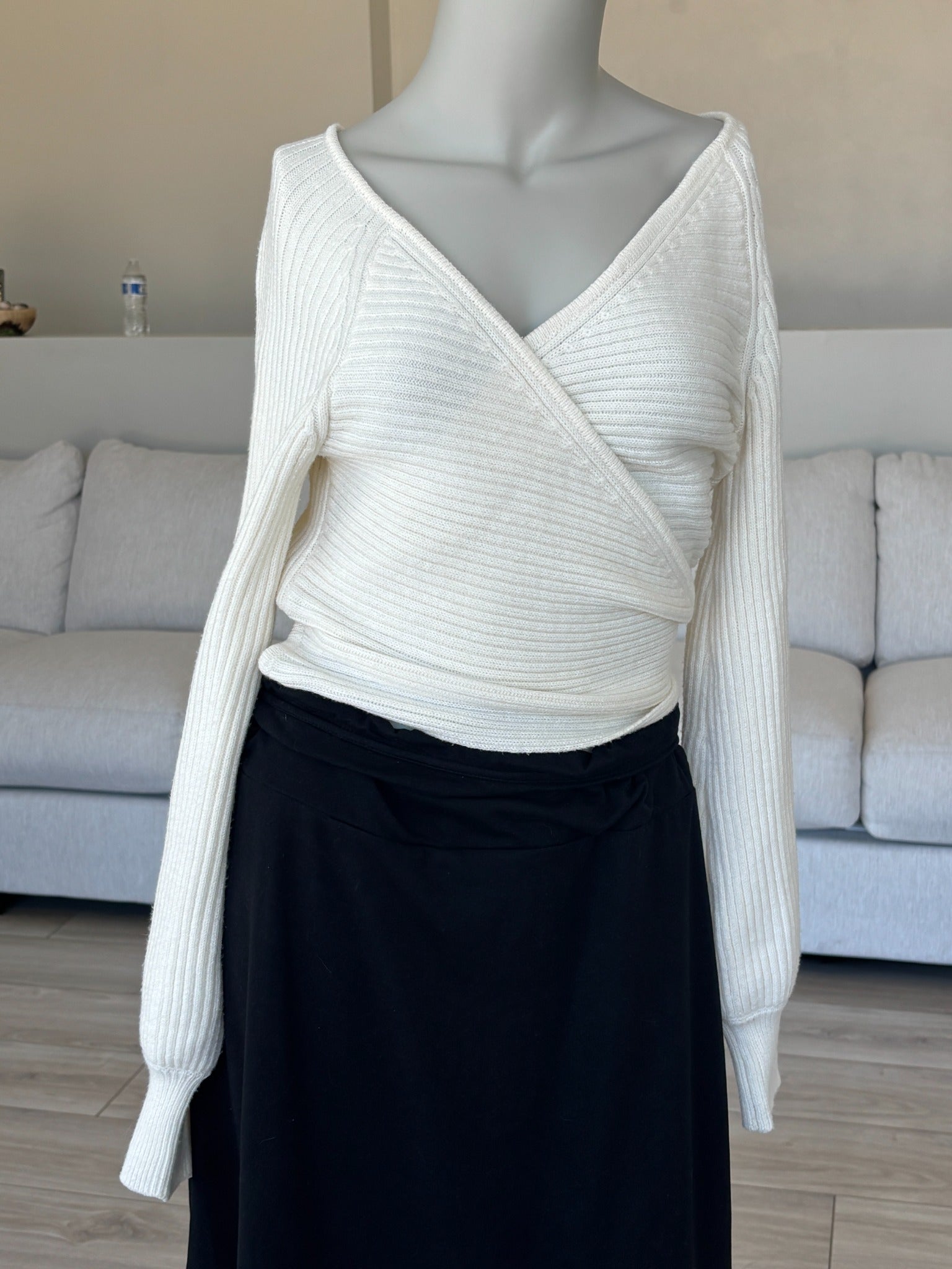Vici cropped wrap sweater with vertical texture and feminine tie waist