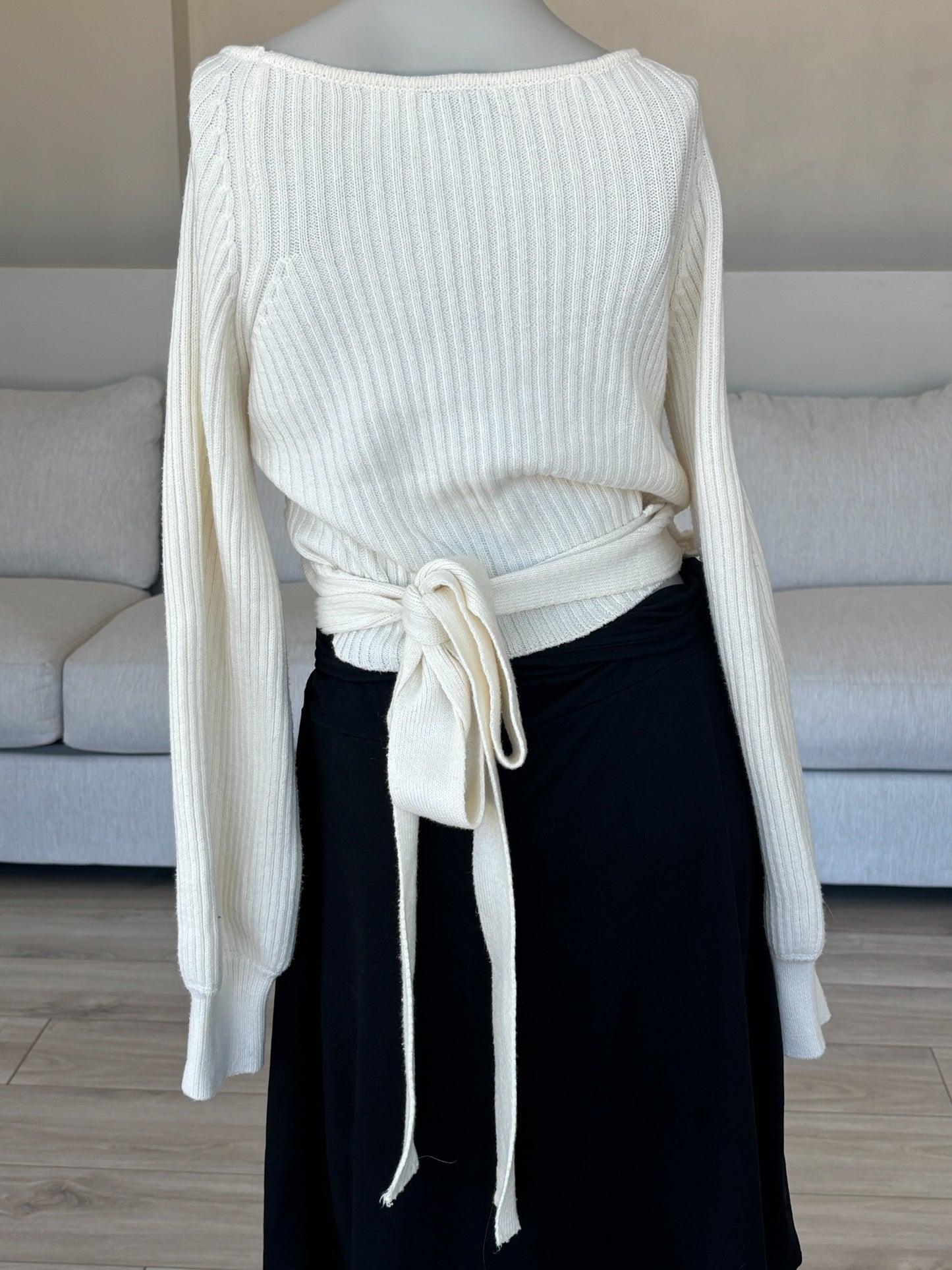 Ivory Vici sweater with ballet inspired wrap silhouette and long sleeves