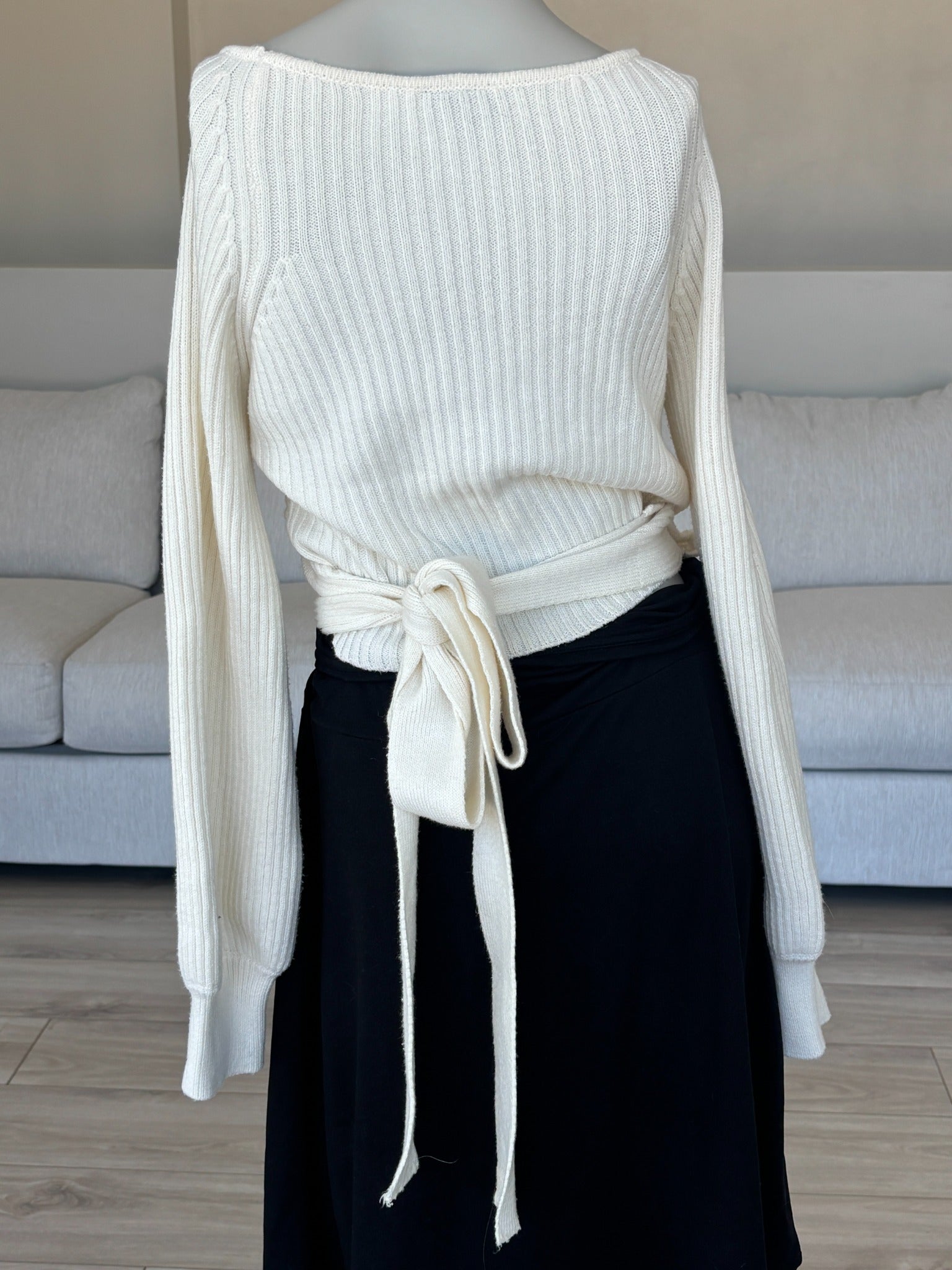 Ivory Vici sweater with ballet inspired wrap silhouette and long sleeves