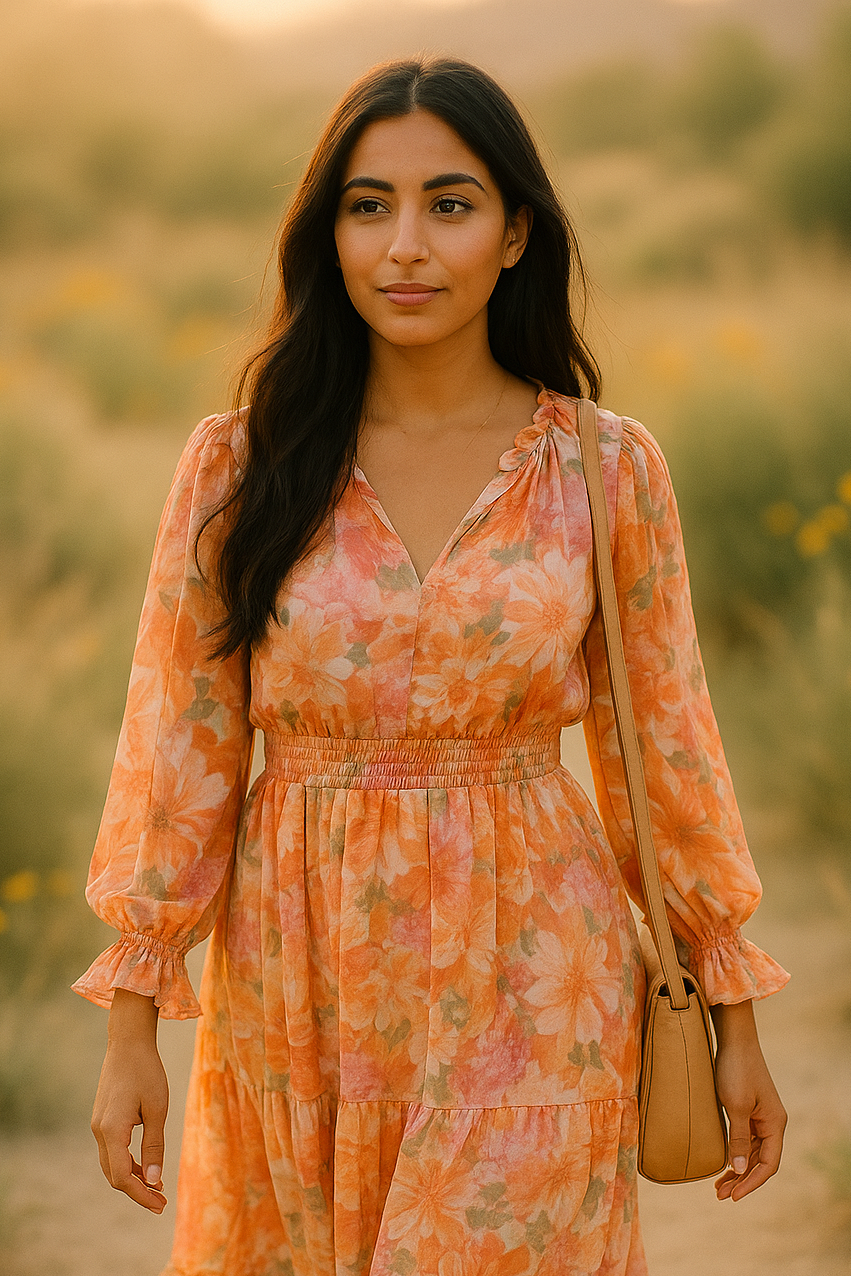 The Vince Camuto-Sunset Bloom Maxi Dress-size M - Floral elegance  - ruffle details-elastic waist