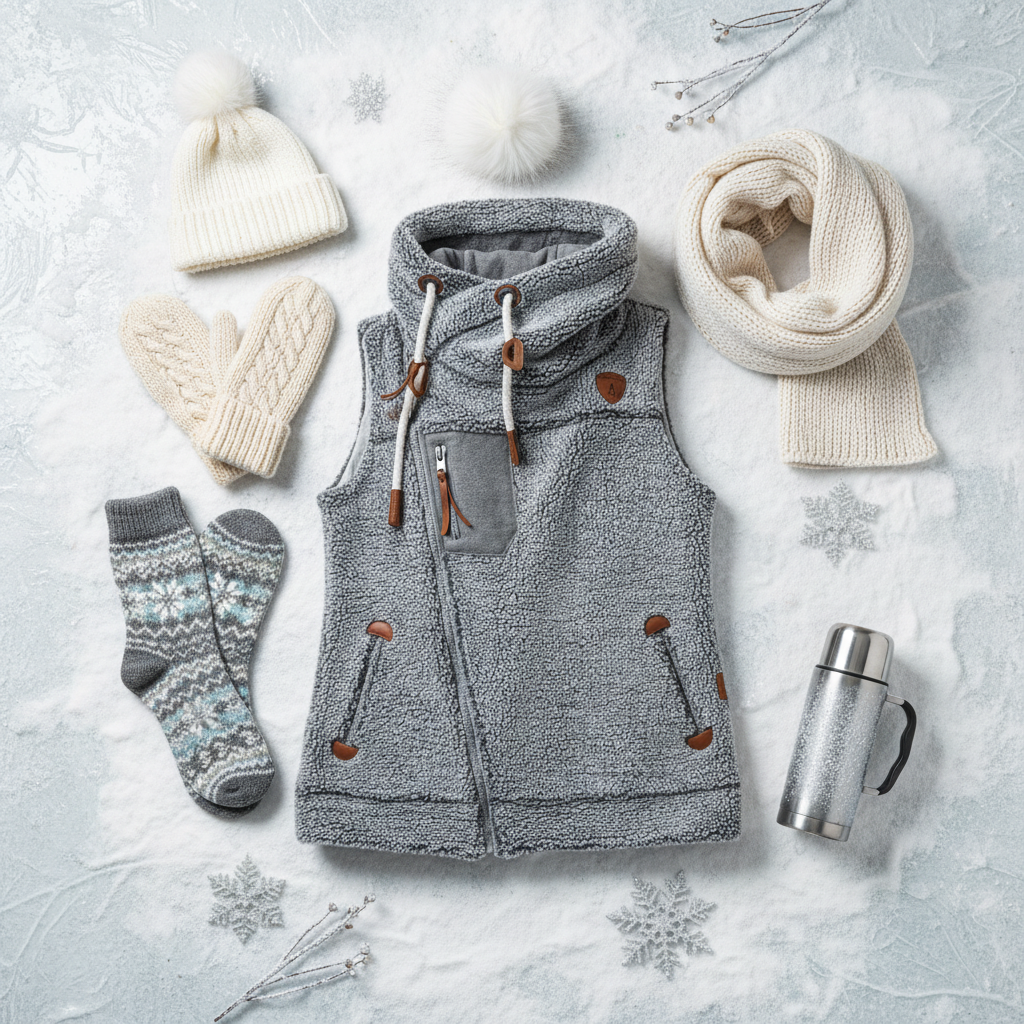 Wanakome Sherpa vest leather accents warm and stylish.