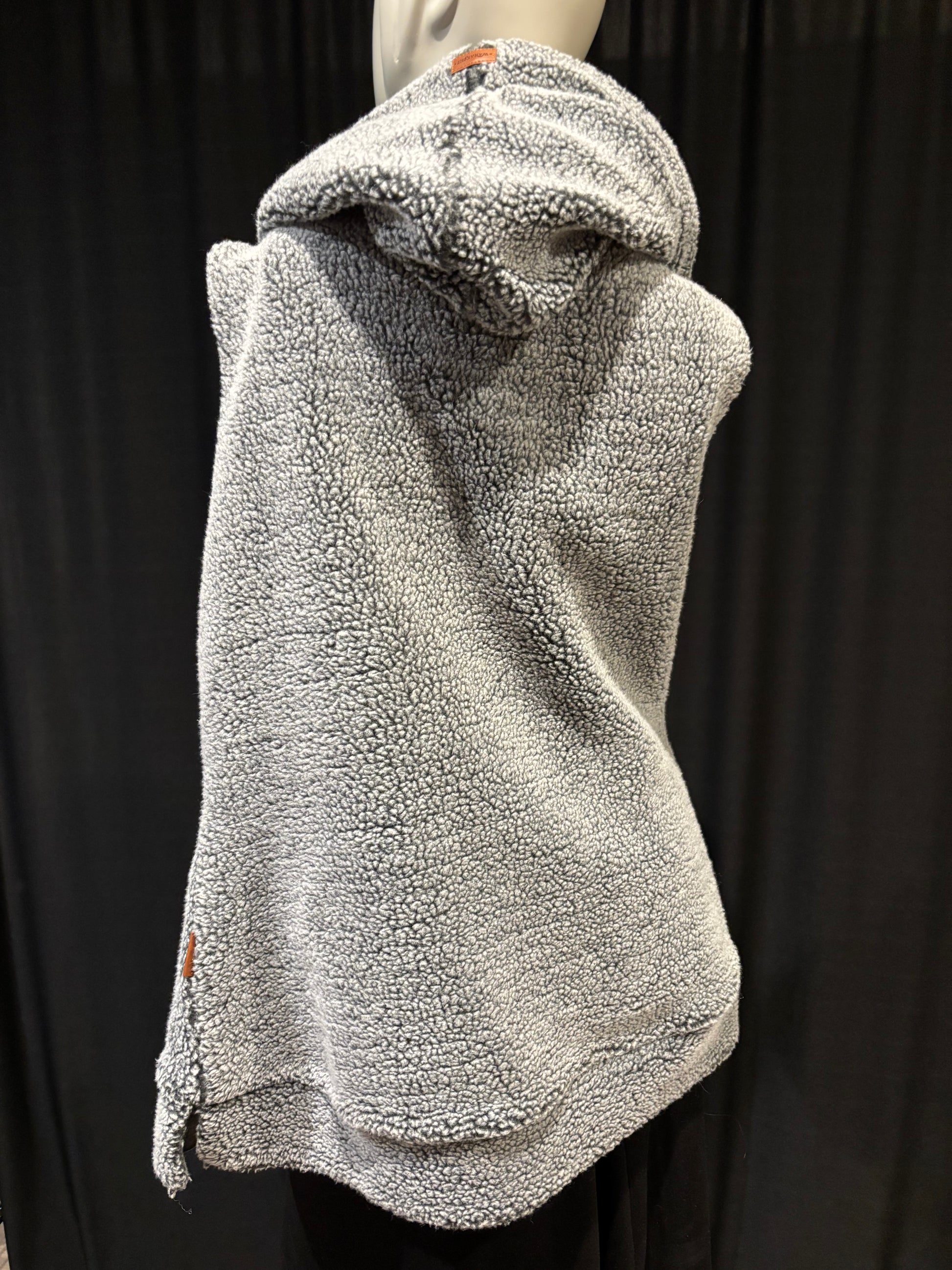 Wanakome Sherpa grey vest leather accents warm and cozy back view