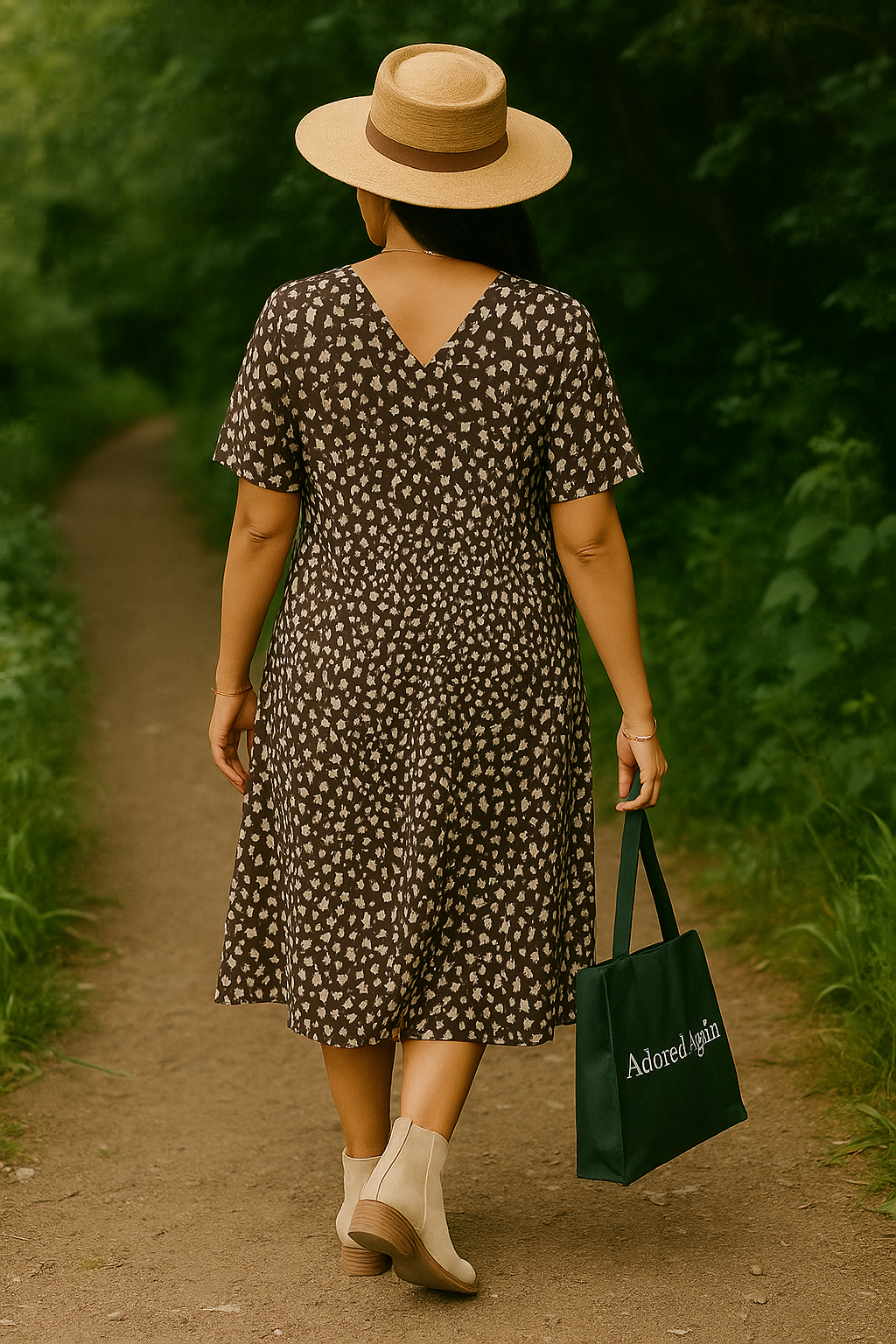 Flowy midid dress with green floral print soft summer silhouette size XL