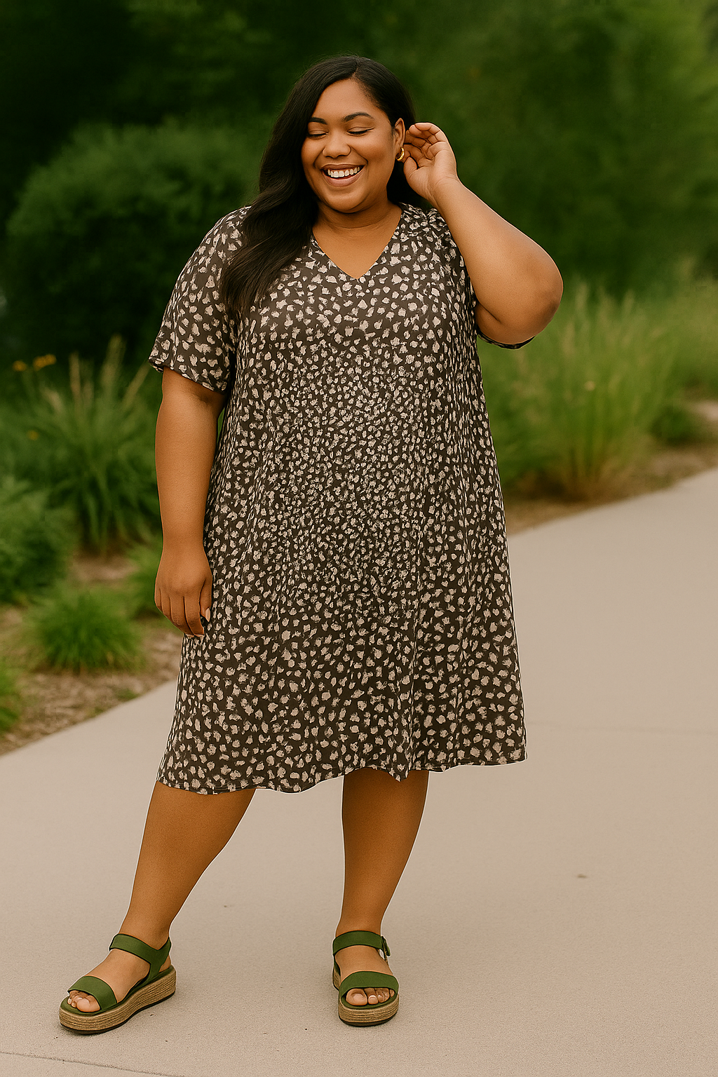 Petal dress showing movement and drape front view-green/off-white