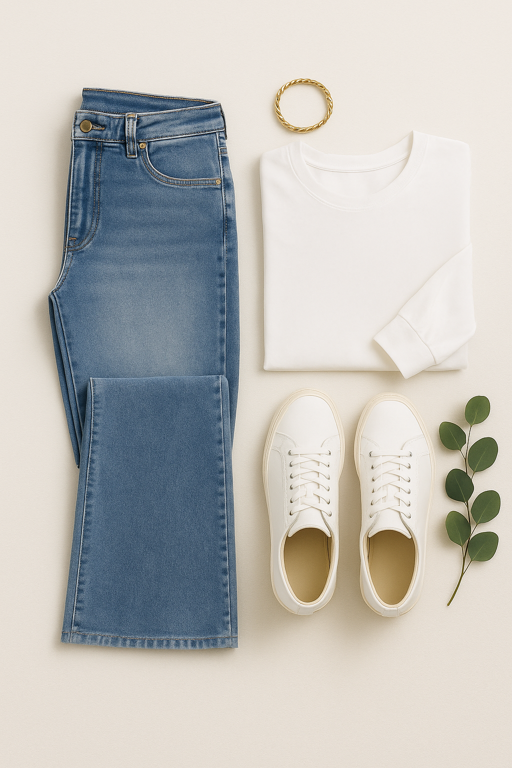 wide-leg denim jeans styled in casual  outfit flatlay modern minimal style