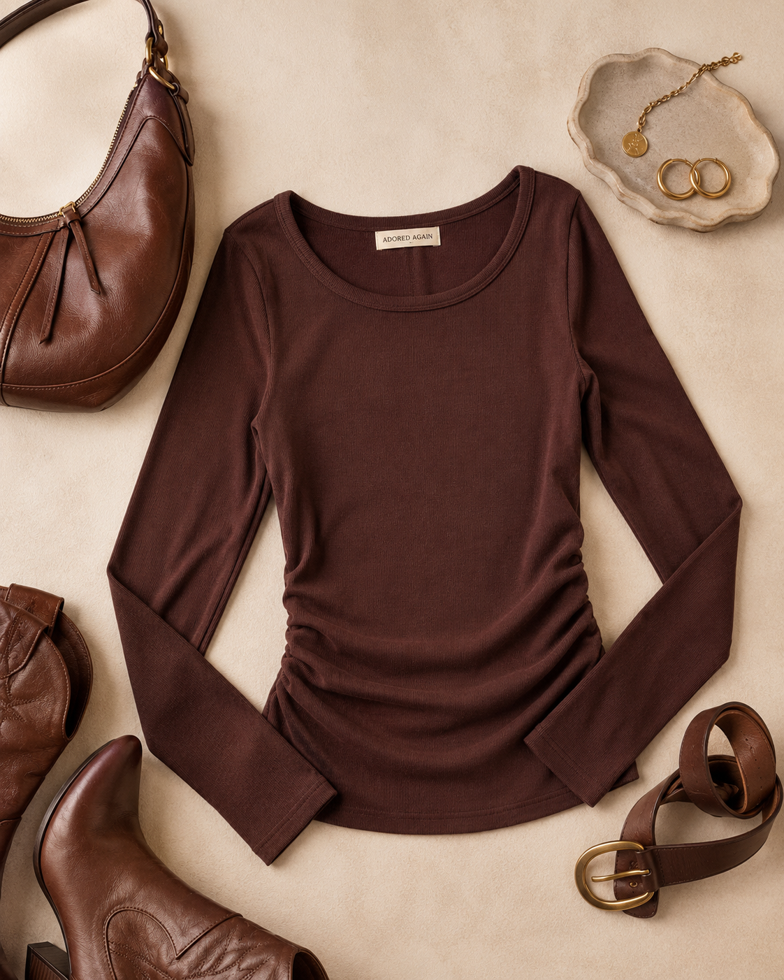 Unbranded women’s chocolate brown stretch top size L with fine vertical ribbing and flattering slim silhouette from Adored Again boutique