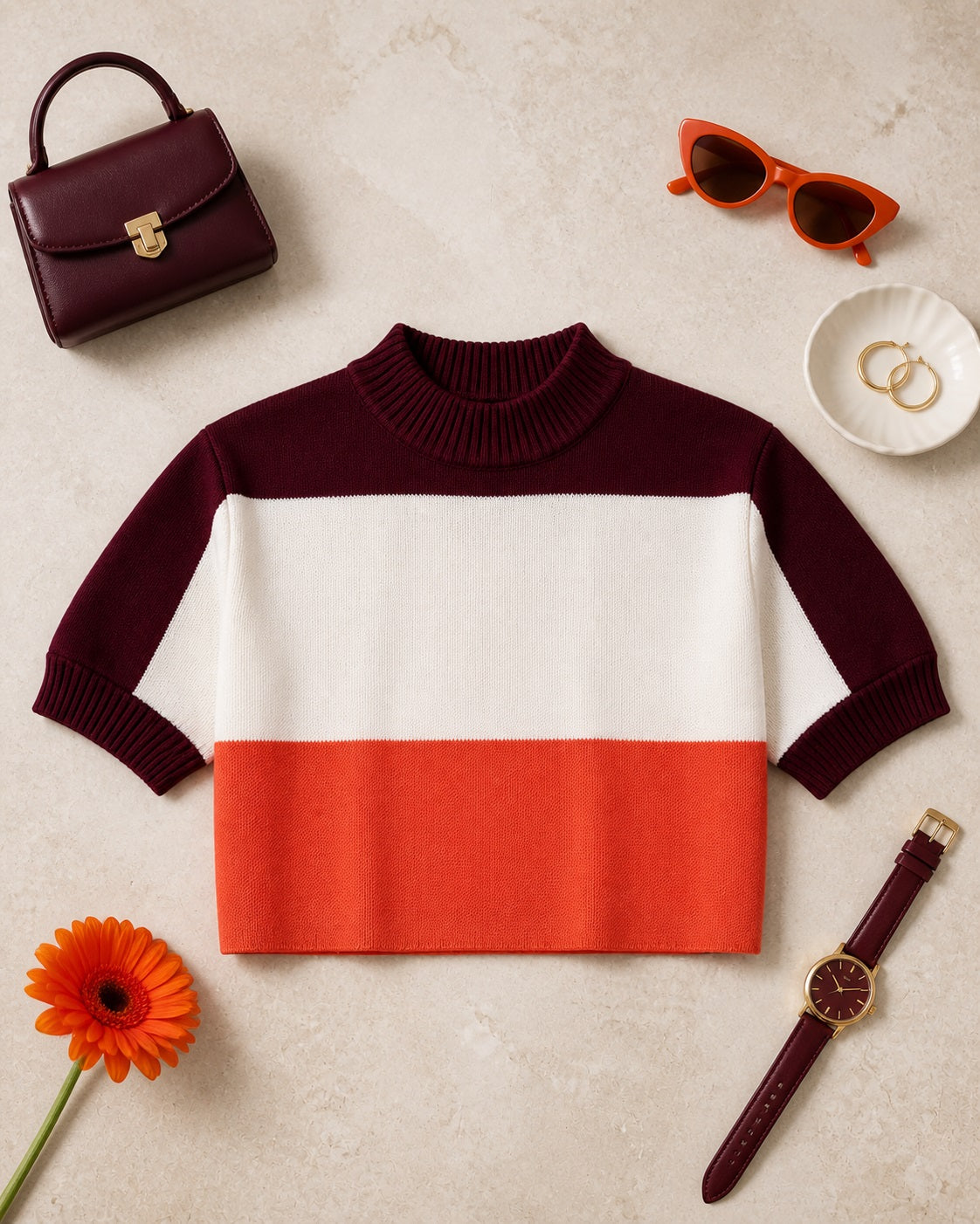 YLLW burgundy, ivory, and warm-orange knit crop top with a ribbed mock neckline and short sleeves
