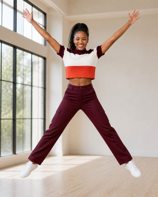 YLLW The Label Ryder cotton-knit crop top in size S/M with burgundy, ivory, and warm-orange colorblocking