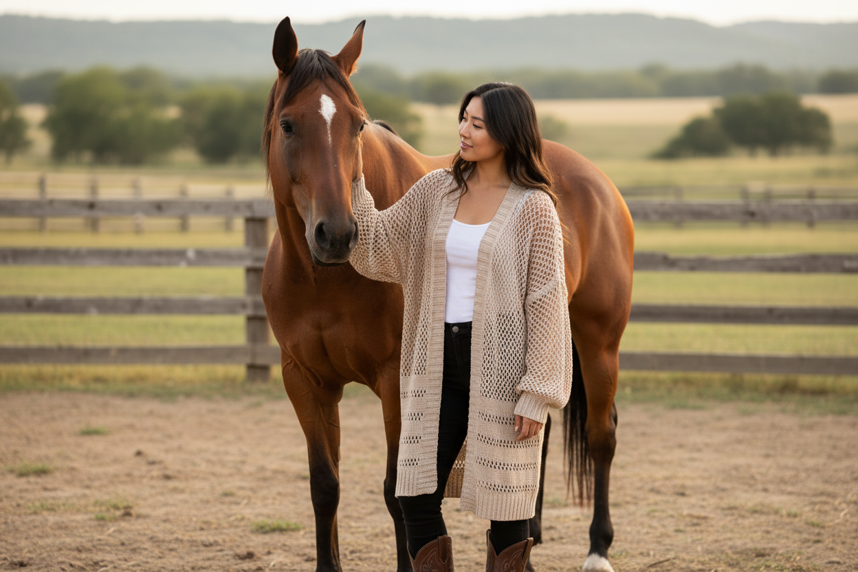 Asian model in lattice knit sweater petting horse
