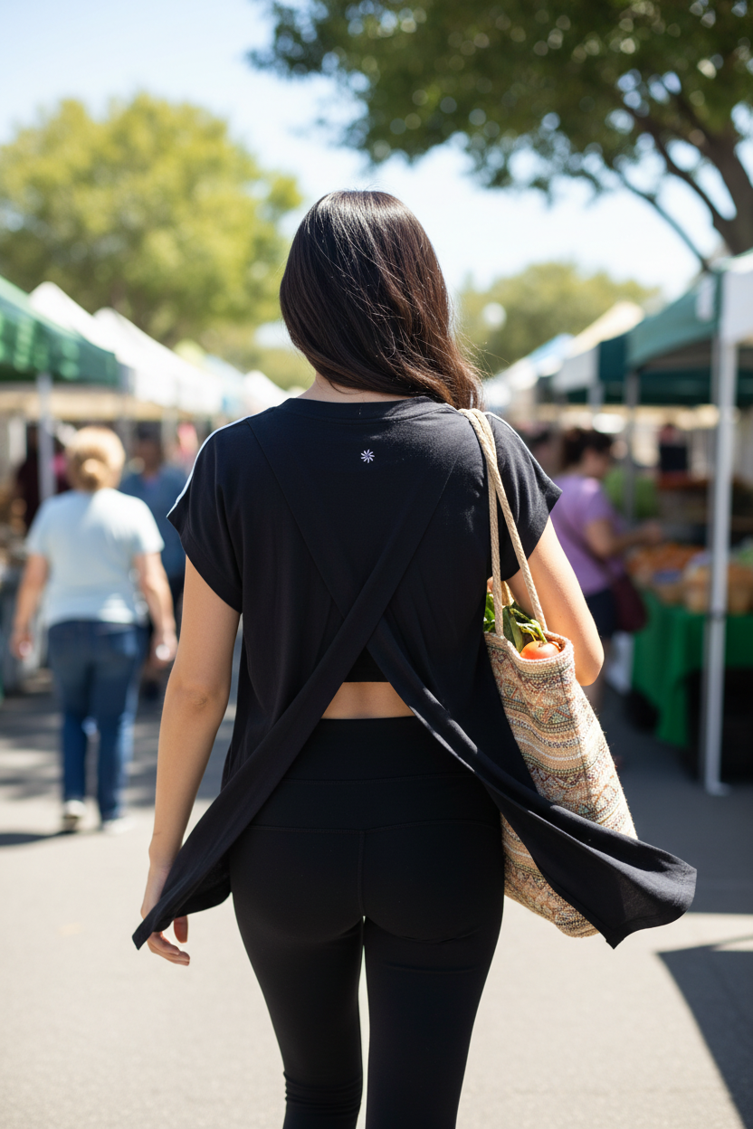 Athleta Back view of woman at farmers market in Wrap & Go Tee tails laying flat.