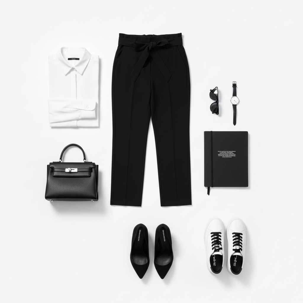 Athleta - Black Straight Leg Dress Pants with Bow Detail - Size 12 Black and white flat lay styling of Athleta dress pants