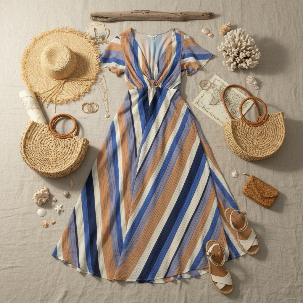 Coastal flat lay of striped maxi dress