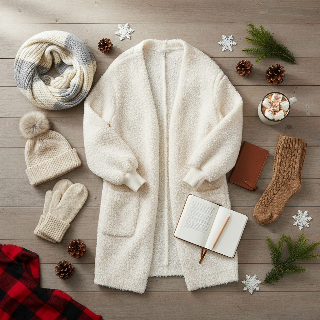 Cold weather themed flat lay with ivory Sherpa cardigan - Plushie Cozy - Ivory Fuzzy Sherpa Cardigan - Size L