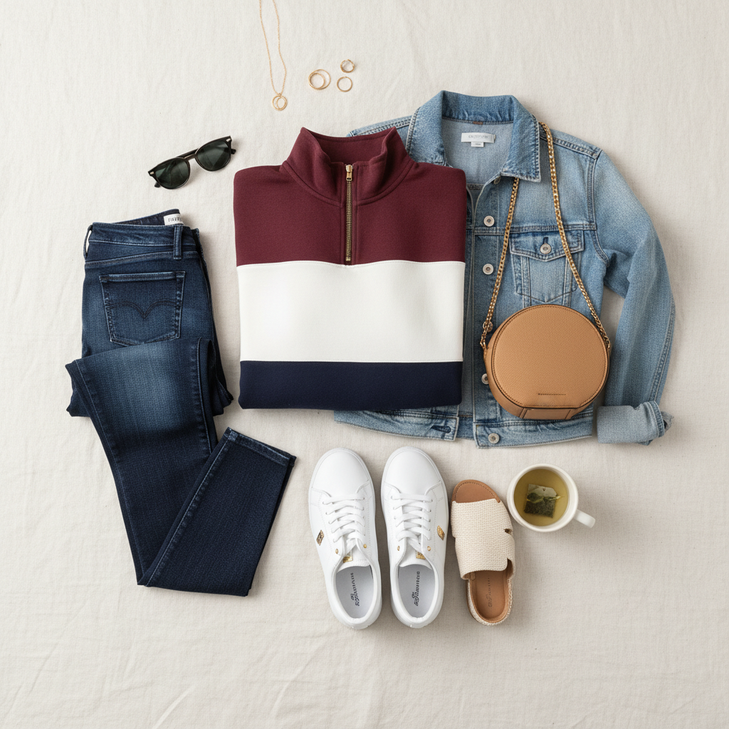 Colorblock Quarter-Zip Sweatshirt Styling Guide L.A. Hearts - Mauve, Cream & Navy Colorblock Quarter-Zip Sweatshirt, Size S