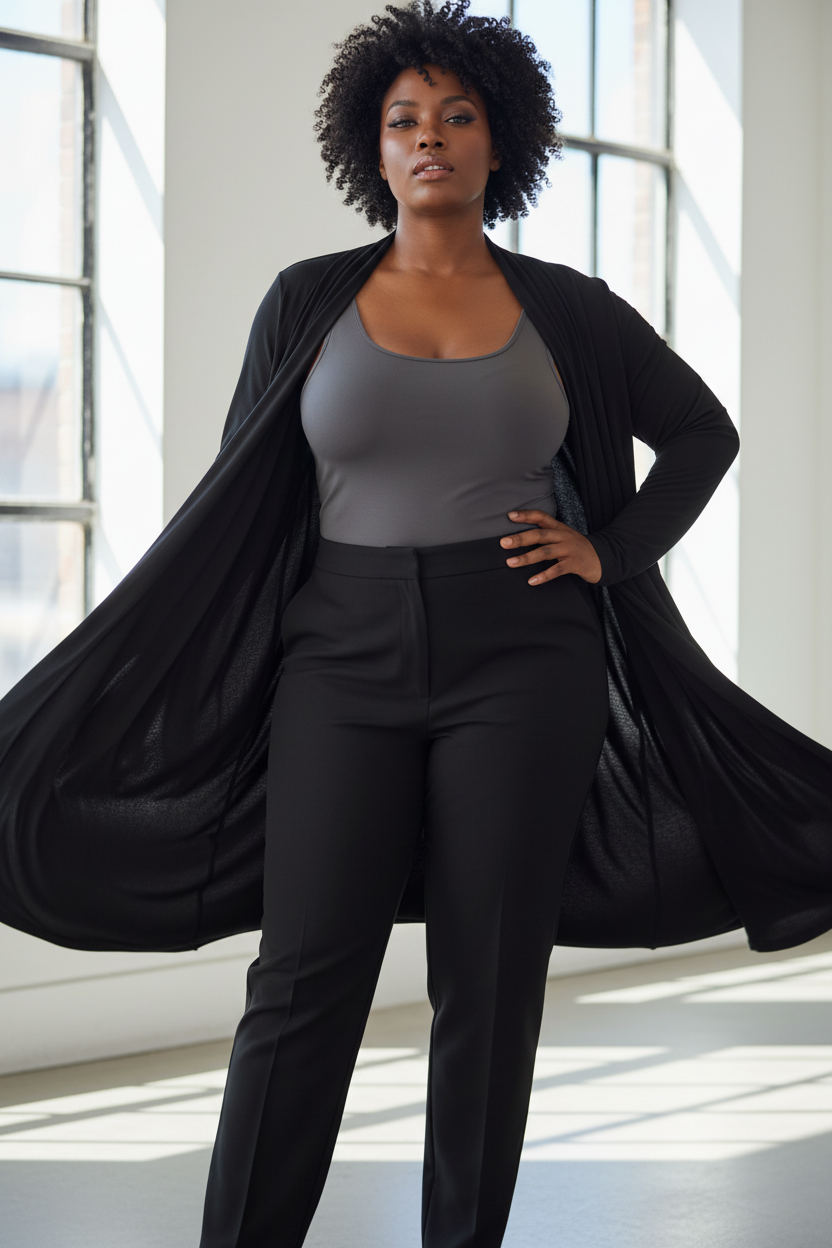 Confident Black woman wearing open black wrap cardigan