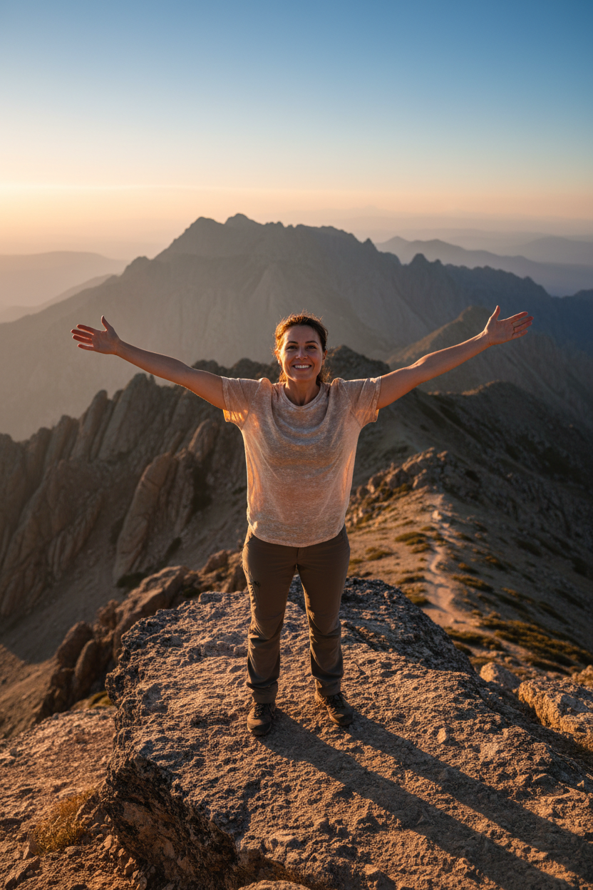 Confident woman at mountain cliff edge