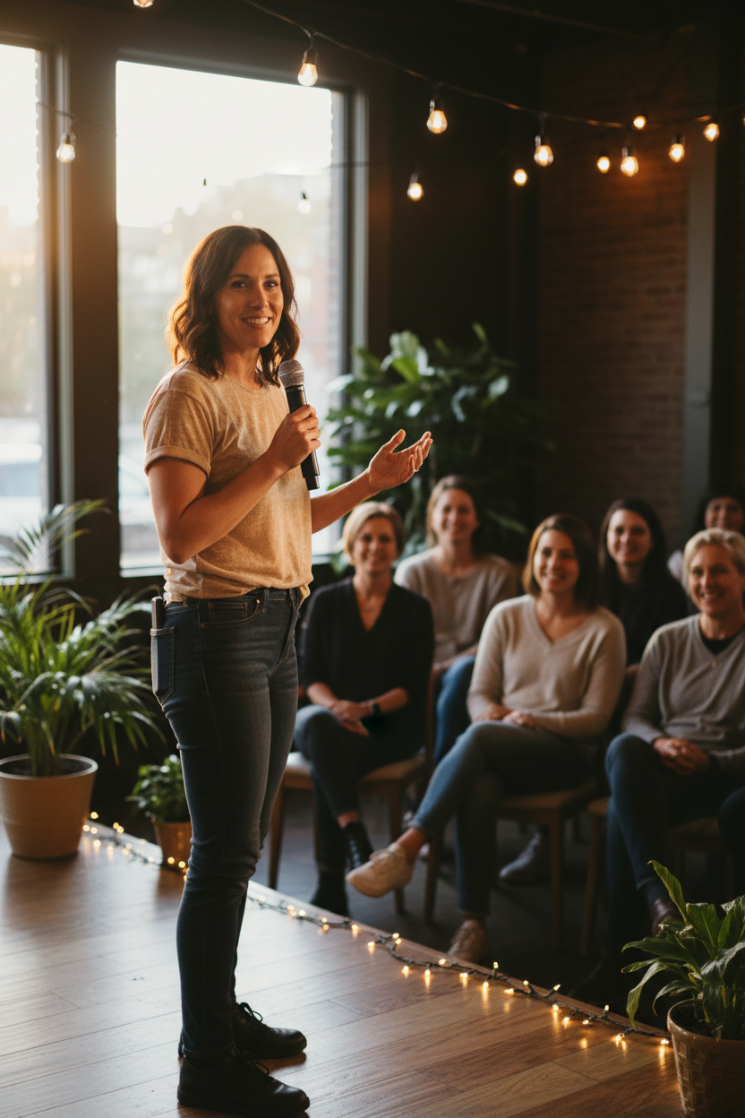 Confident woman speaking on stage
