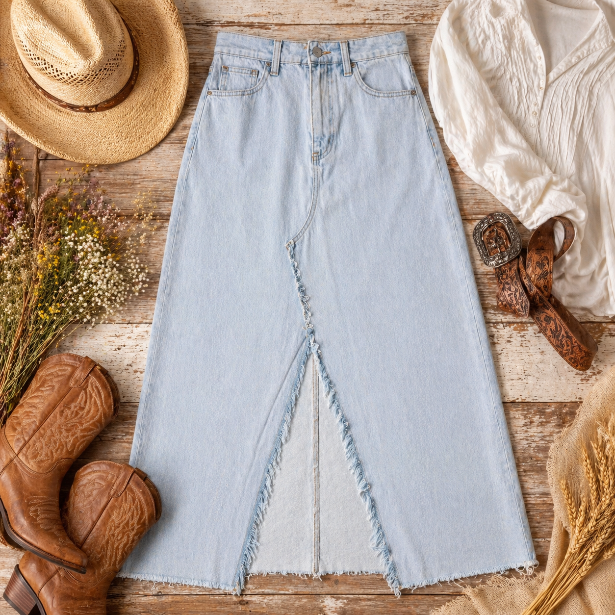 Country-inspired flat lay featuring a pale blue raw hem denim skirt with fringe seam details, western boots, a white blouse, and rustic styling.