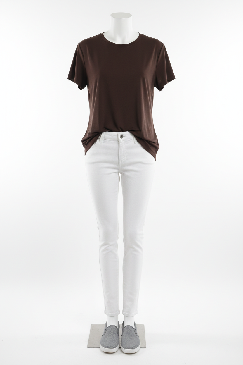 Dark brown Lululemon shirt with French tuck styled on mannequin
