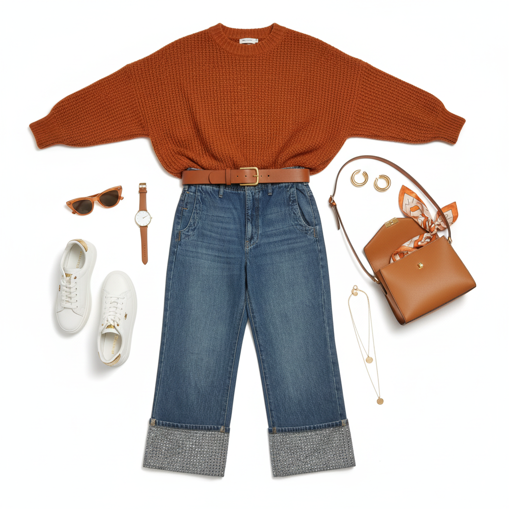 Denim and Orange Complementary Flat Lay