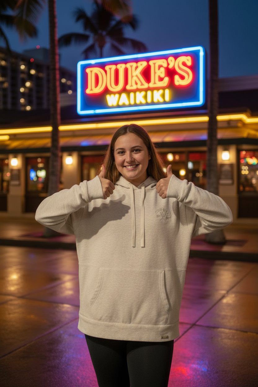 XL Model at Duke's Waikiki, tan/grey heathered coloring, cinched hoodie, Front pockets, Size XL