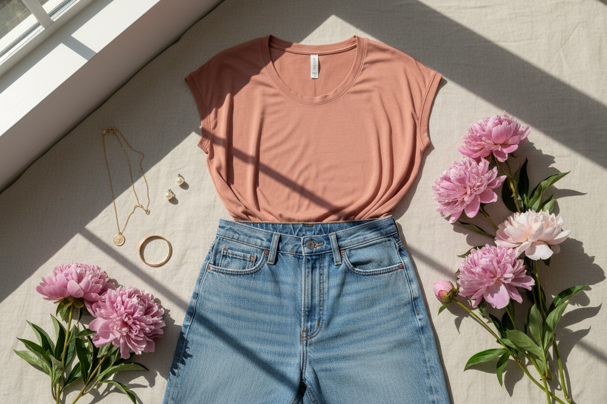 Athleta - Round Neck, Short Sleeve - Light Dusty Rose - Size S Styling with jeans and wildflowers.
